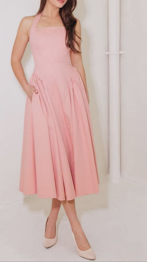 CAUGHT IN THE RAIN PINK WOVEN MIDI DRESS.