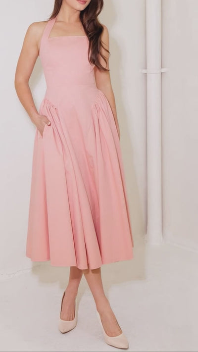 CAUGHT IN THE RAIN PINK WOVEN MIDI DRESS.