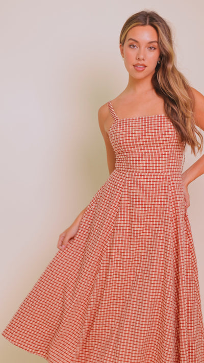 GINGHAM SUMMER WOVEN MIDI DRESS.