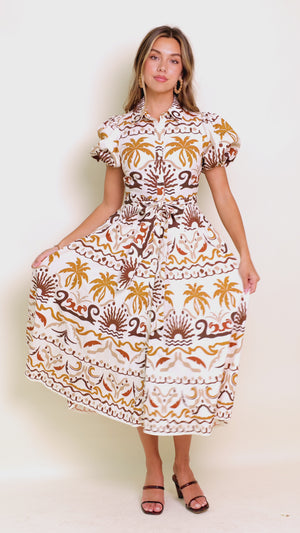 TROPICANA SUNSET WOVEN MIDI DRESS.