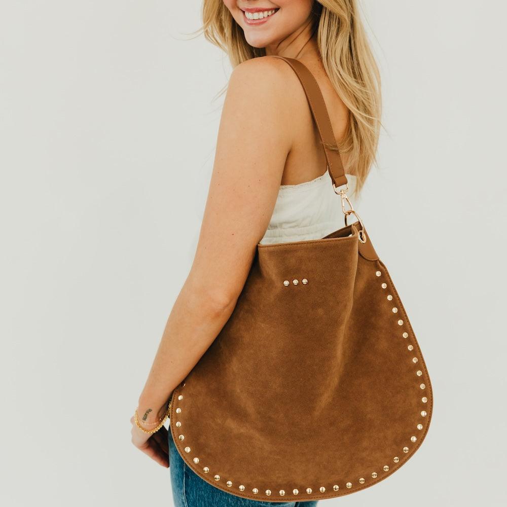 Rosalie Rivet Suede Hobo Bag.