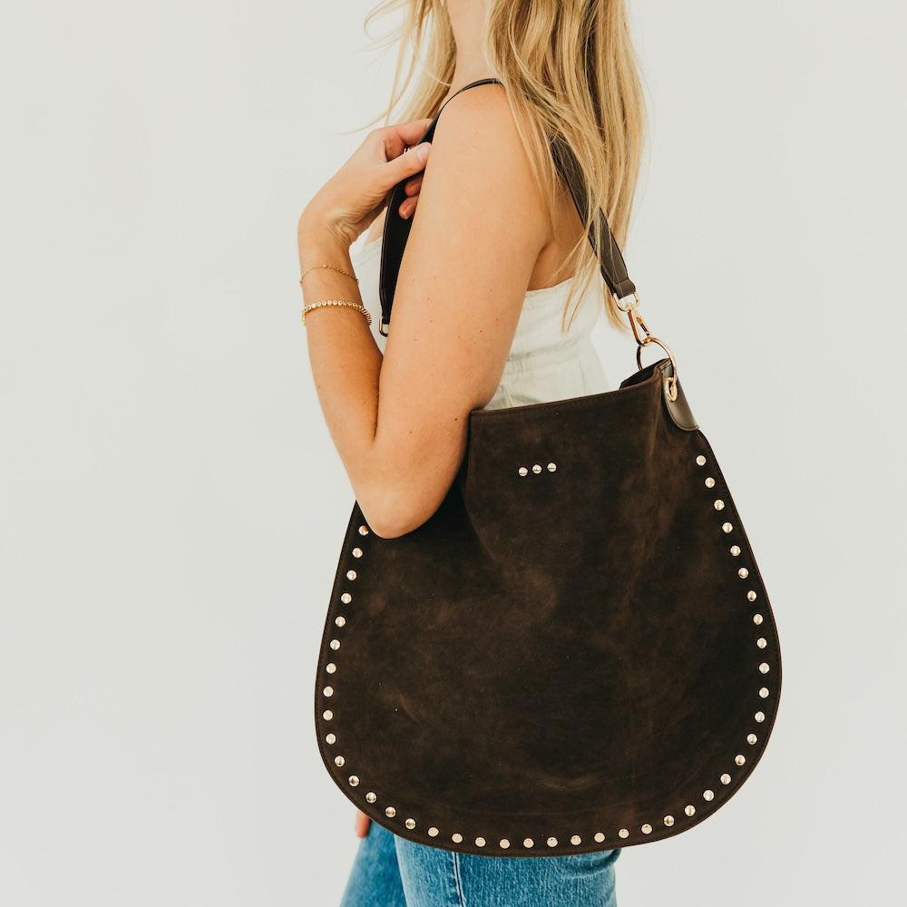 Rosalie Rivet Suede Hobo Bag.