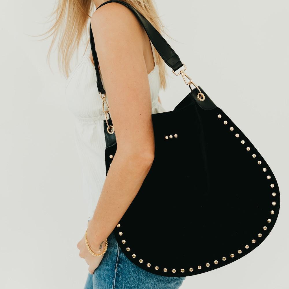 Rosalie Rivet Suede Hobo Bag.
