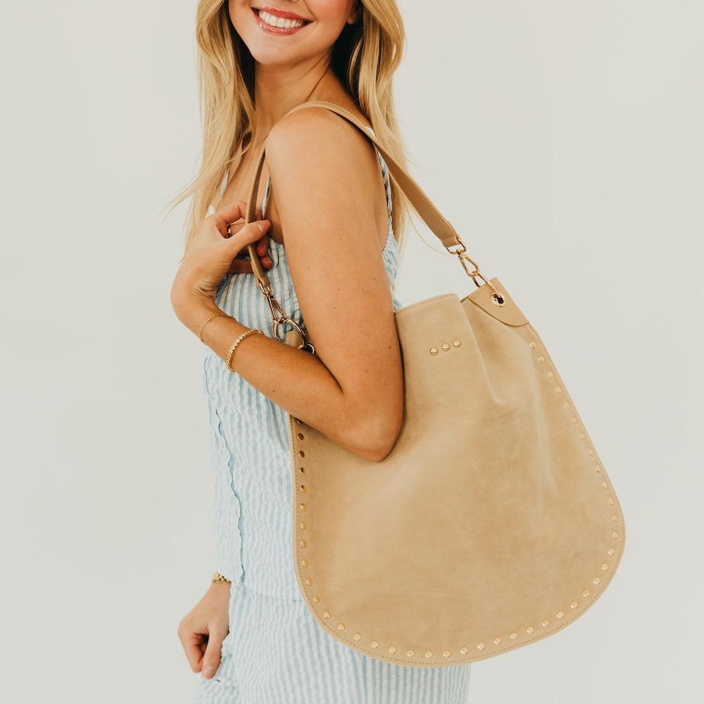 Rosalie Rivet Suede Hobo Bag.