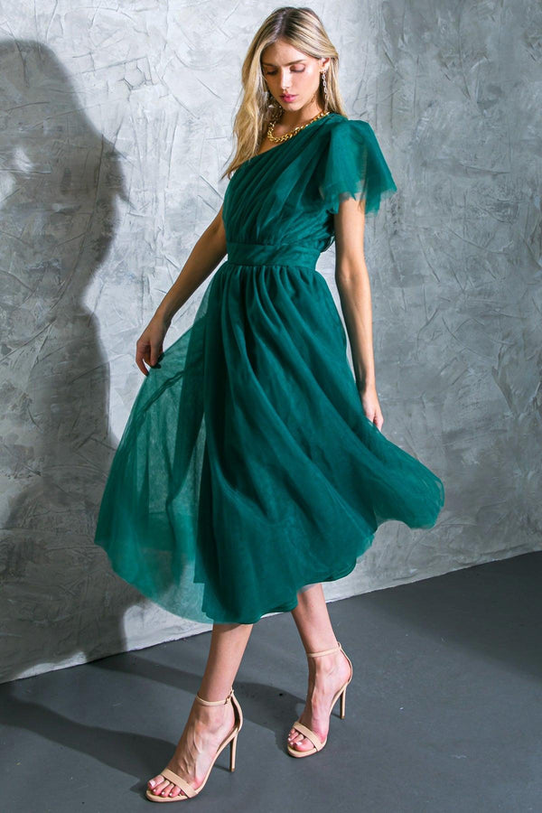 LIVELY CHARM TULLE MIDI DRESS.