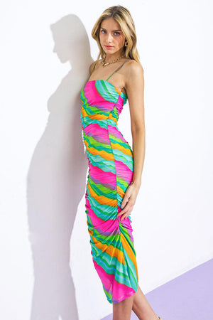DESIRABLE DESTINATIONS MESH MIDI DRESS.