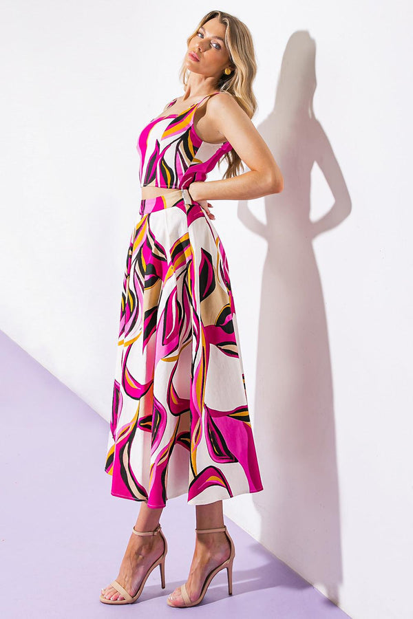 COCKTAIL CLUB WOVEN TWILL TOP AND SKIRT.