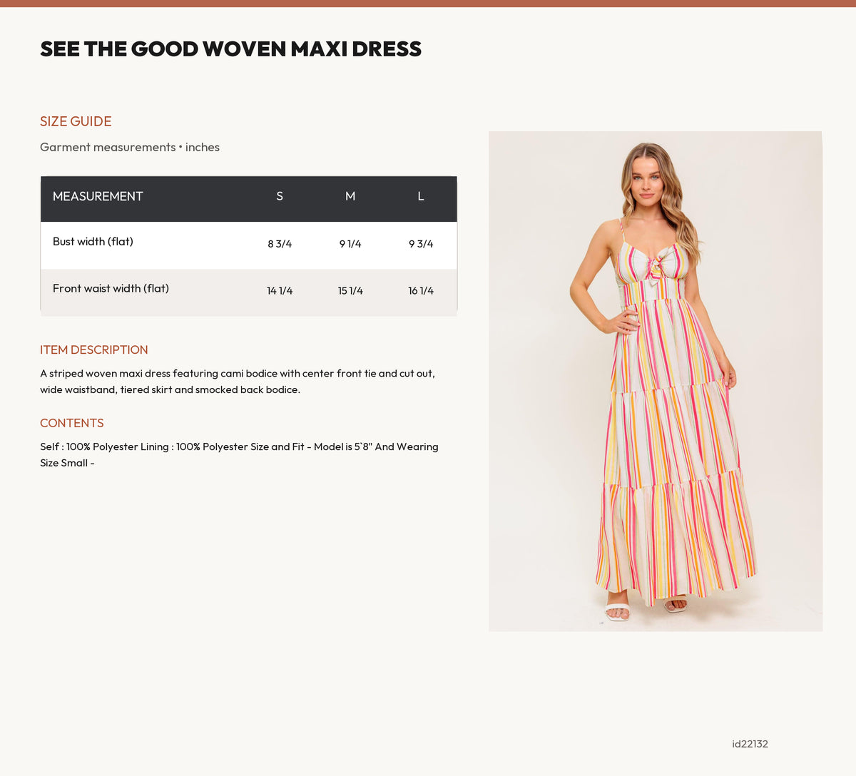 SEE THE GOOD WOVEN MAXI DRESS size chart