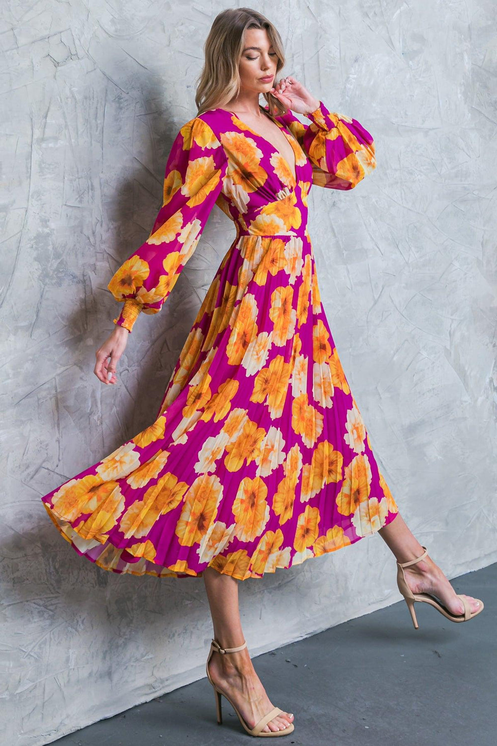 LOOK AT HER FLORAL WOVEN MIDI DRESS.