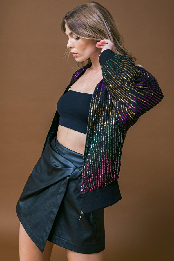 ENTERTAIN ME SEQUIN BOMBER JACKET.