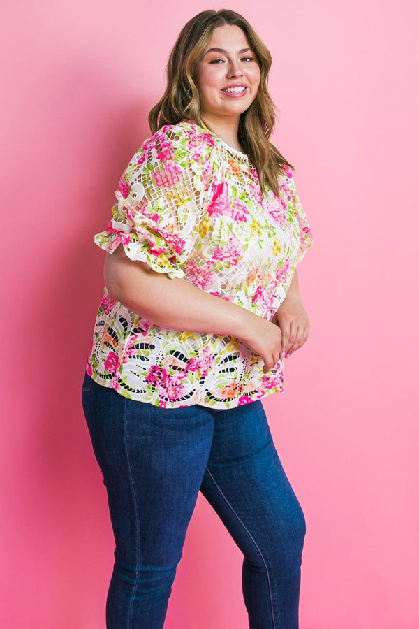 BLISS ME FLORAL WOVEN LACE TOP.