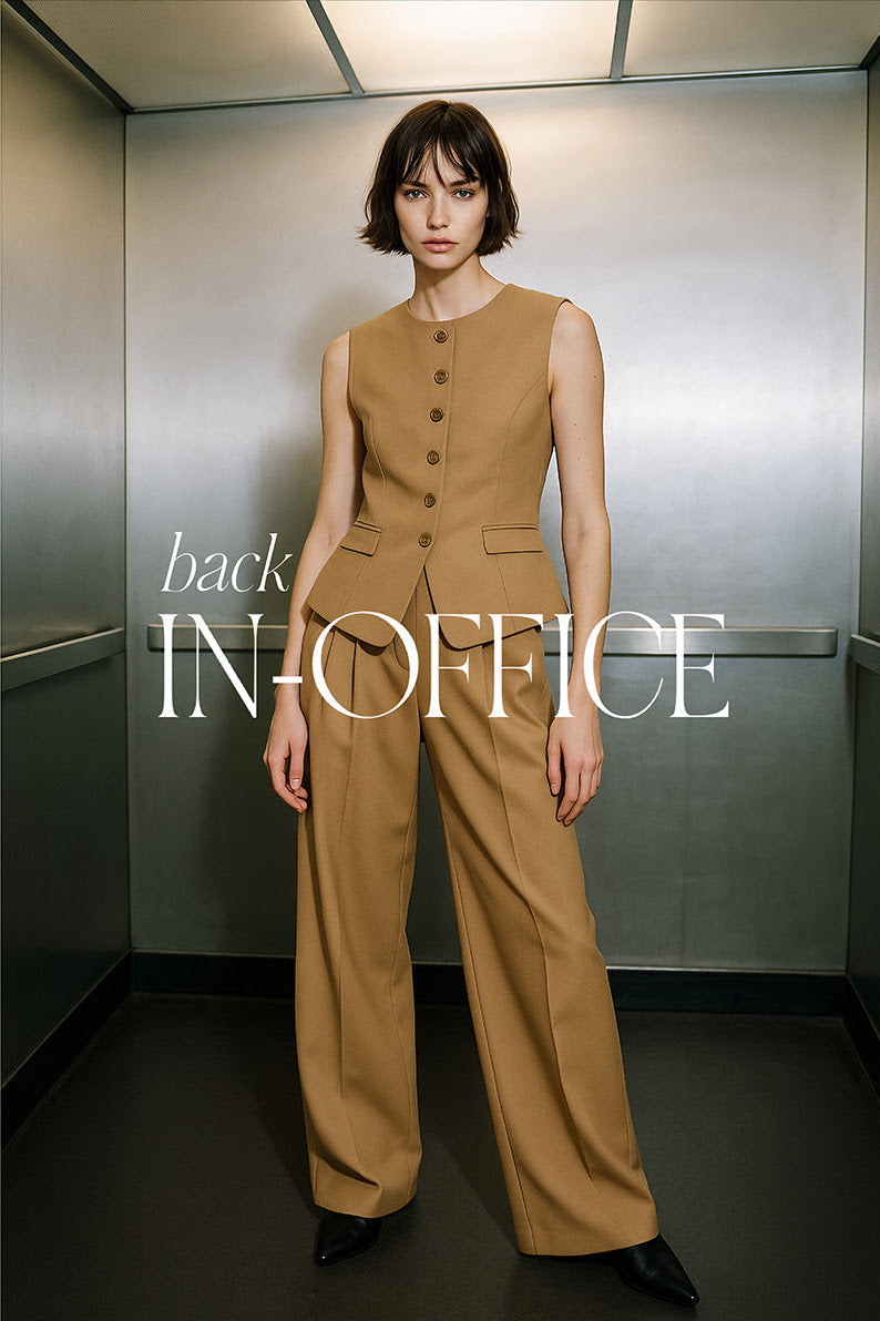 Woman in a brown outfit standing in an elevator with text overlay 'back IN-OFFICE' and 'SHOP NOW'.