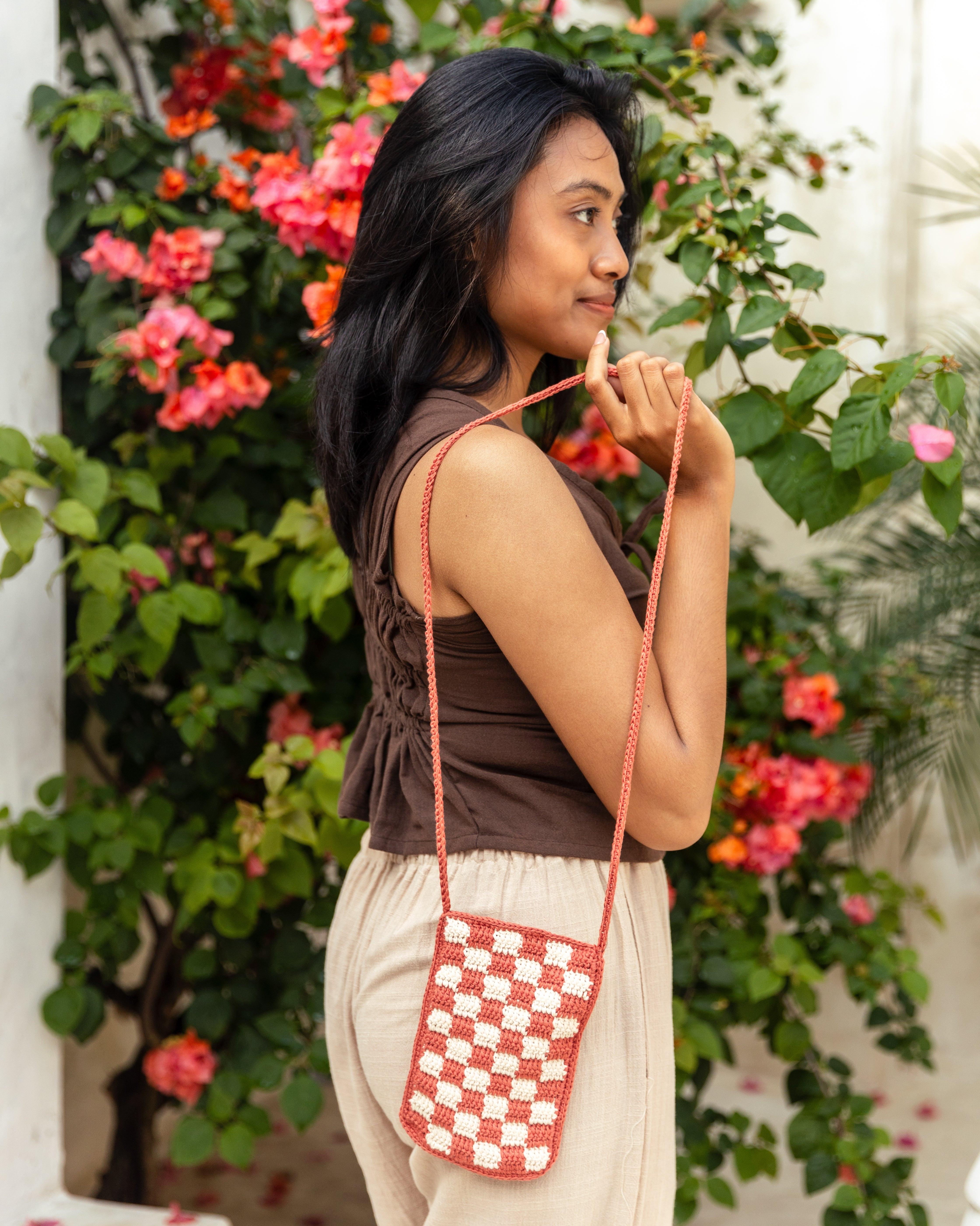Checkered Crochet Phone Sling Bag.