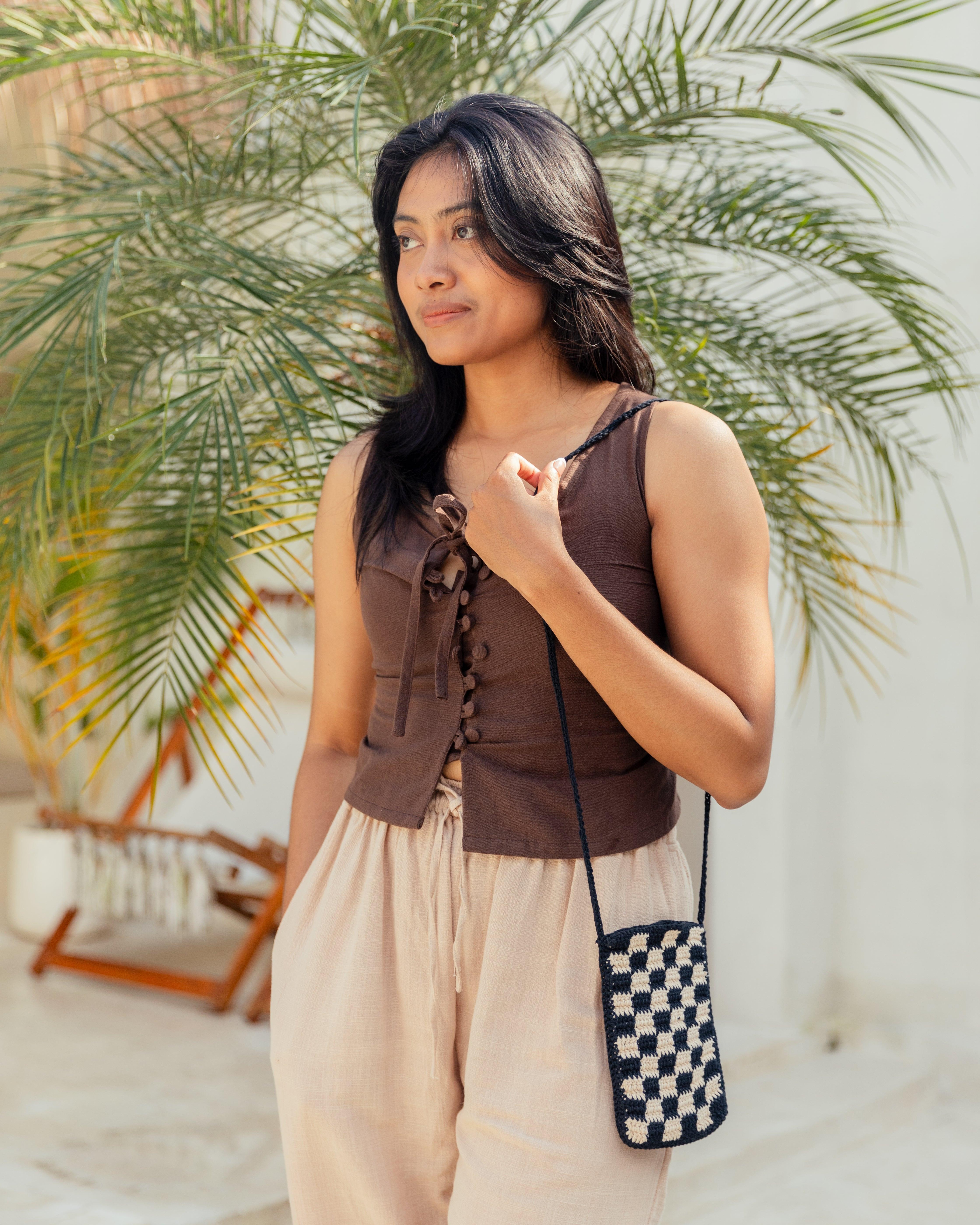Checkered Crochet Phone Sling Bag.
