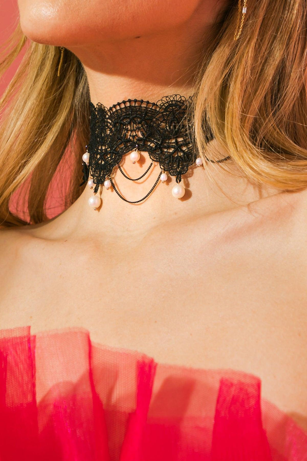 CHOOSE HAPPINESS LACE PEARL CHOKER NECKLACE.