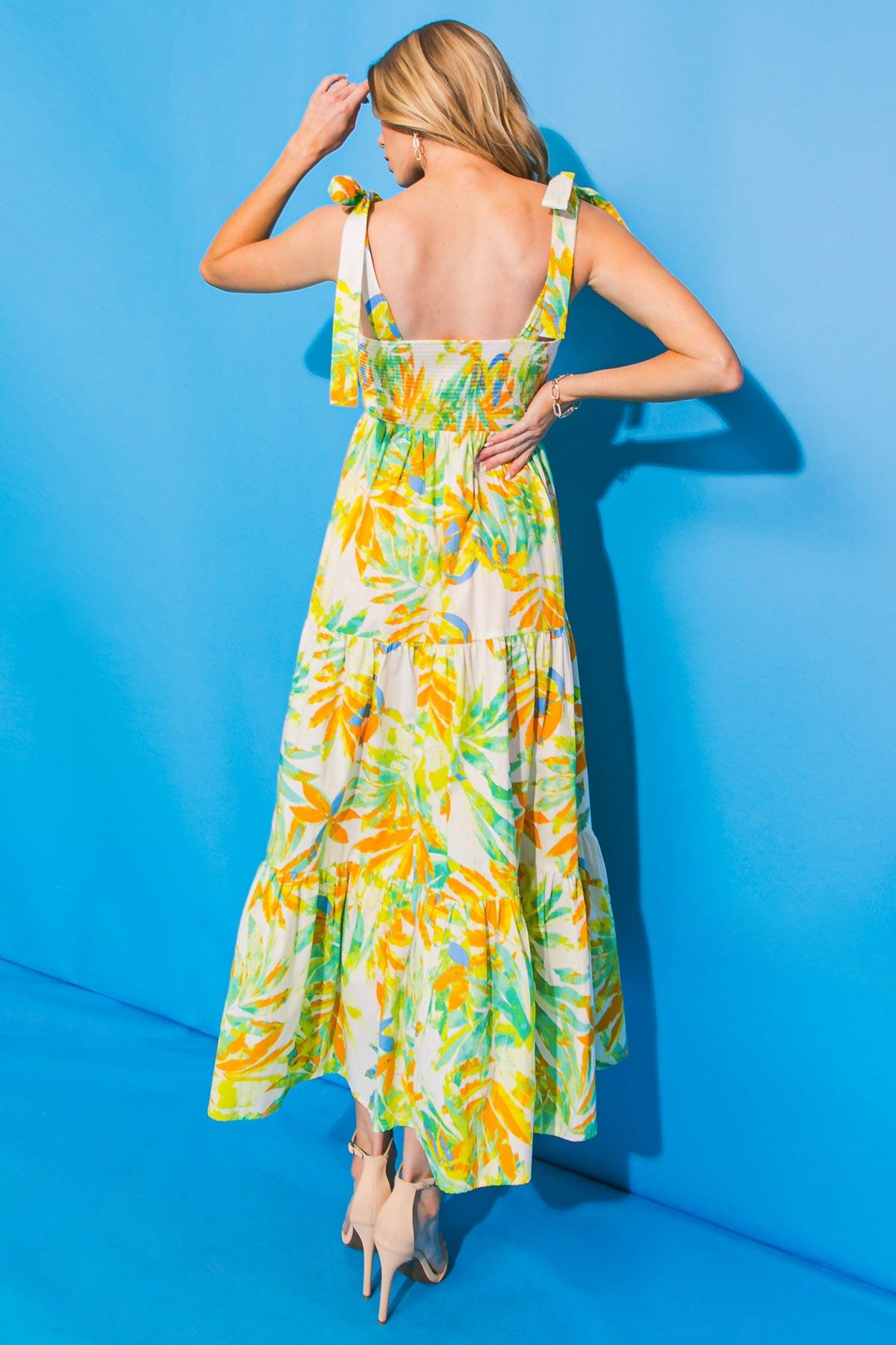 VACATION VIEWS FLORAL WOVEN MIDI DRESS.