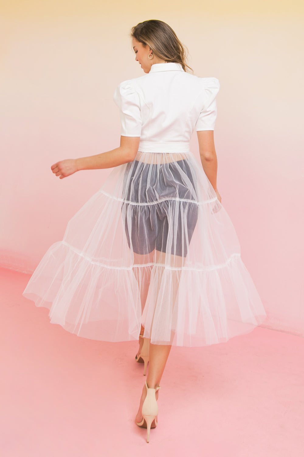 INFINITE BEAUTY TWILL AND TULLE TOP