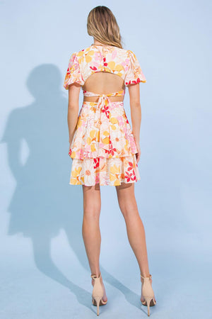 MAGICAL FLORALS WOVEN MINI DRESS.