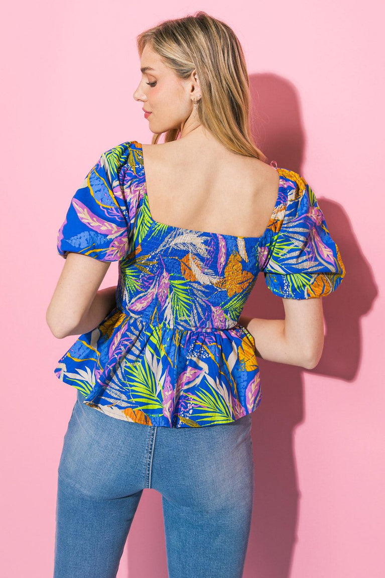LOVE GROWS HERE WOVEN TOP Flying Tomato Blue Sleeveless with tie sash