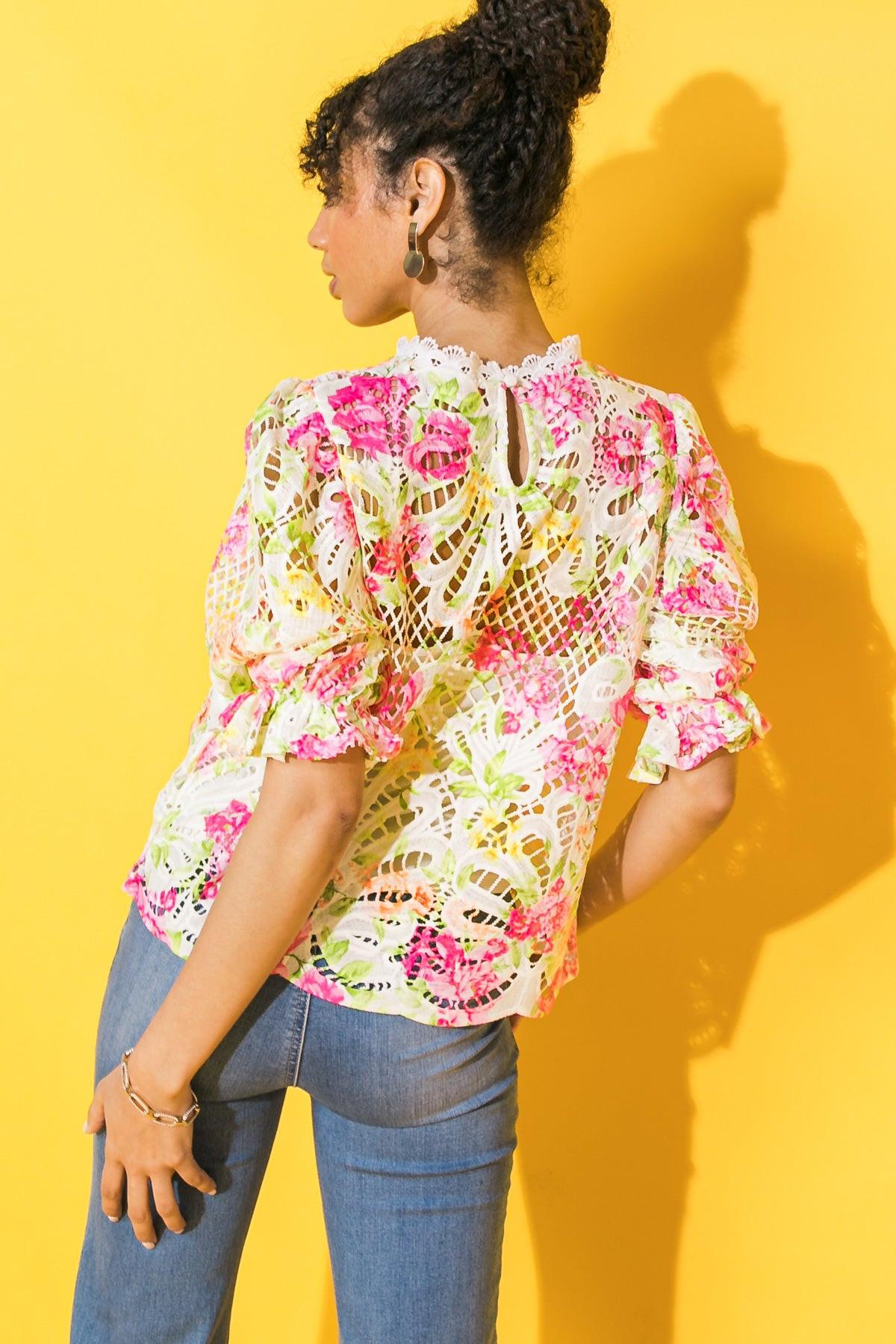BLISS ME FLORAL WOVEN LACE TOP.