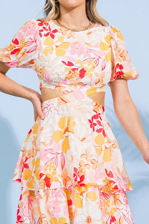 MAGICAL FLORALS WOVEN MINI DRESS.