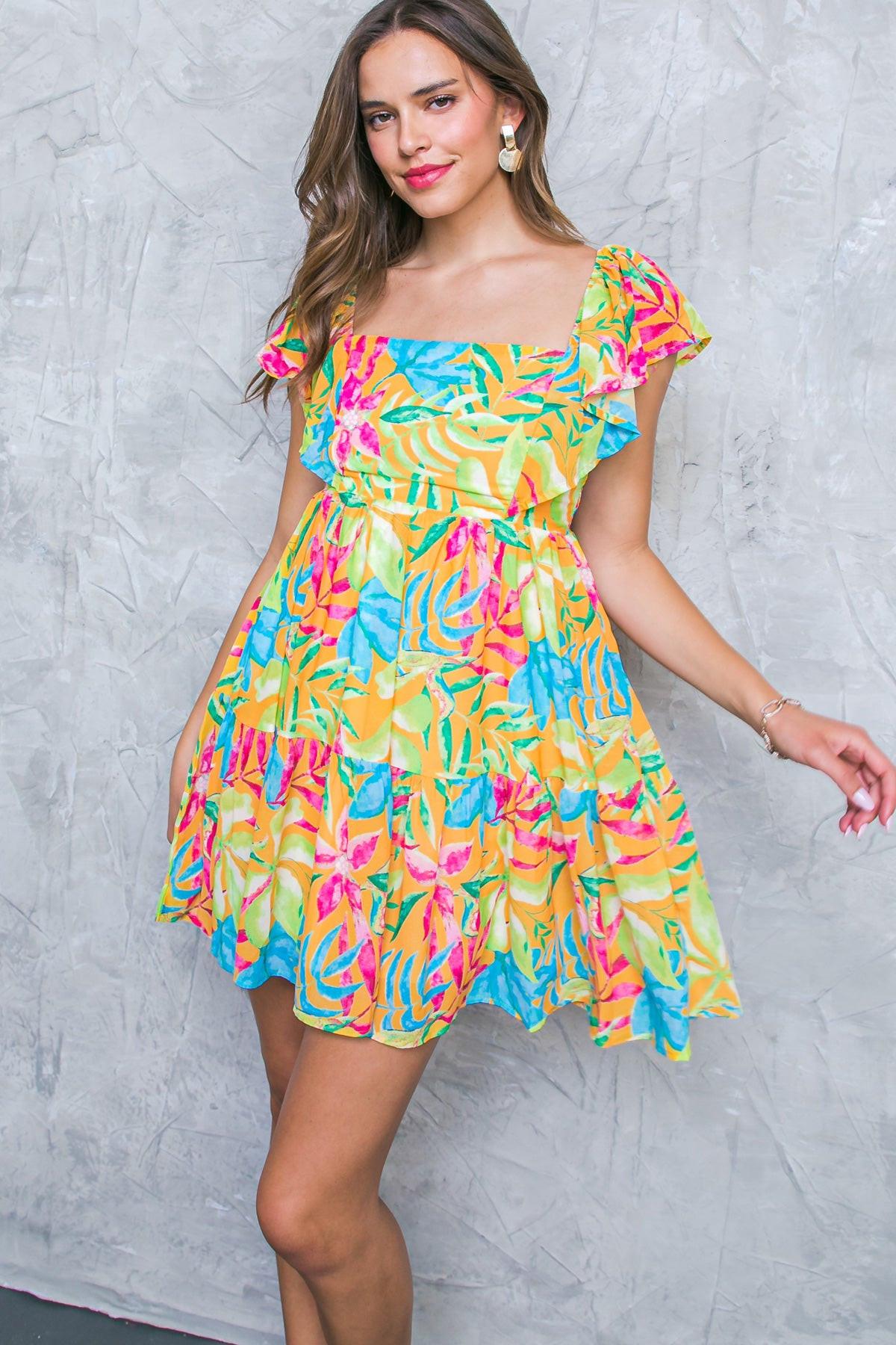 SHINING SANDS WOVEN MINI DRESS.