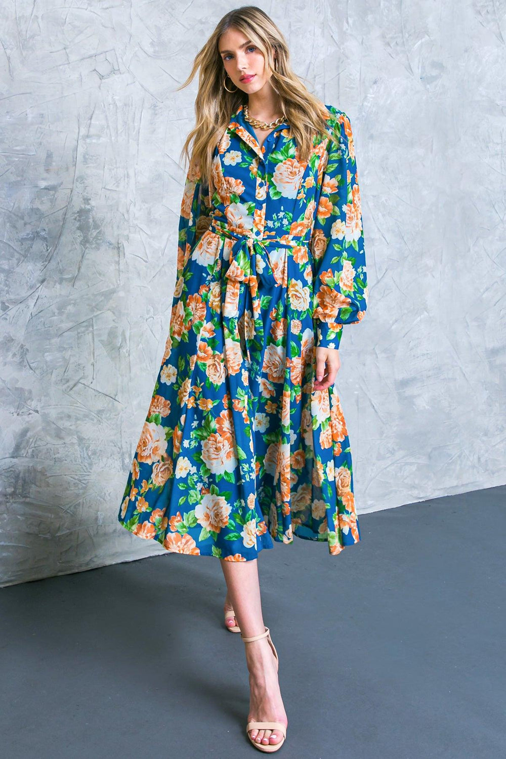 BUBBLY BLISS WOVEN MIDI SHIRT DRESS.