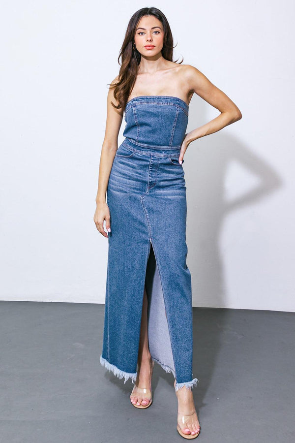 DREAMS COME TRUE DENIM MIDI DRESS.