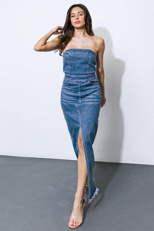 DREAMS COME TRUE DENIM MIDI DRESS.