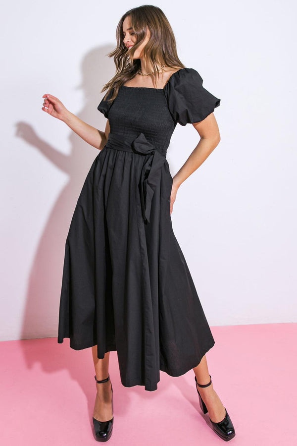 A PEACEFUL PLACE WOVEN MIDI DRESS.