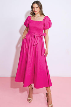 A PEACEFUL PLACE WOVEN MIDI DRESS.