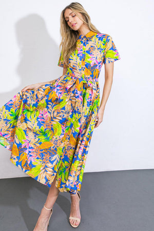 KEEP BLOOMING WOVEN MIDI DRESS.