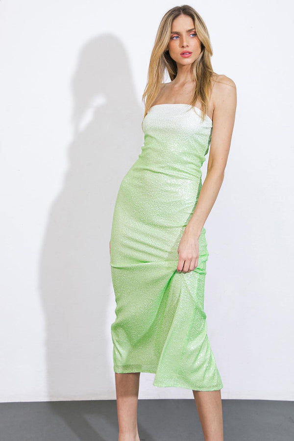 ALWAYS ON THE GO SEQUIN MIDI DRESS.