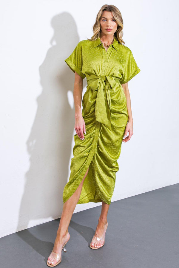 COMING TO MY SENSES WOVEN SATIN MIDI DRESS.