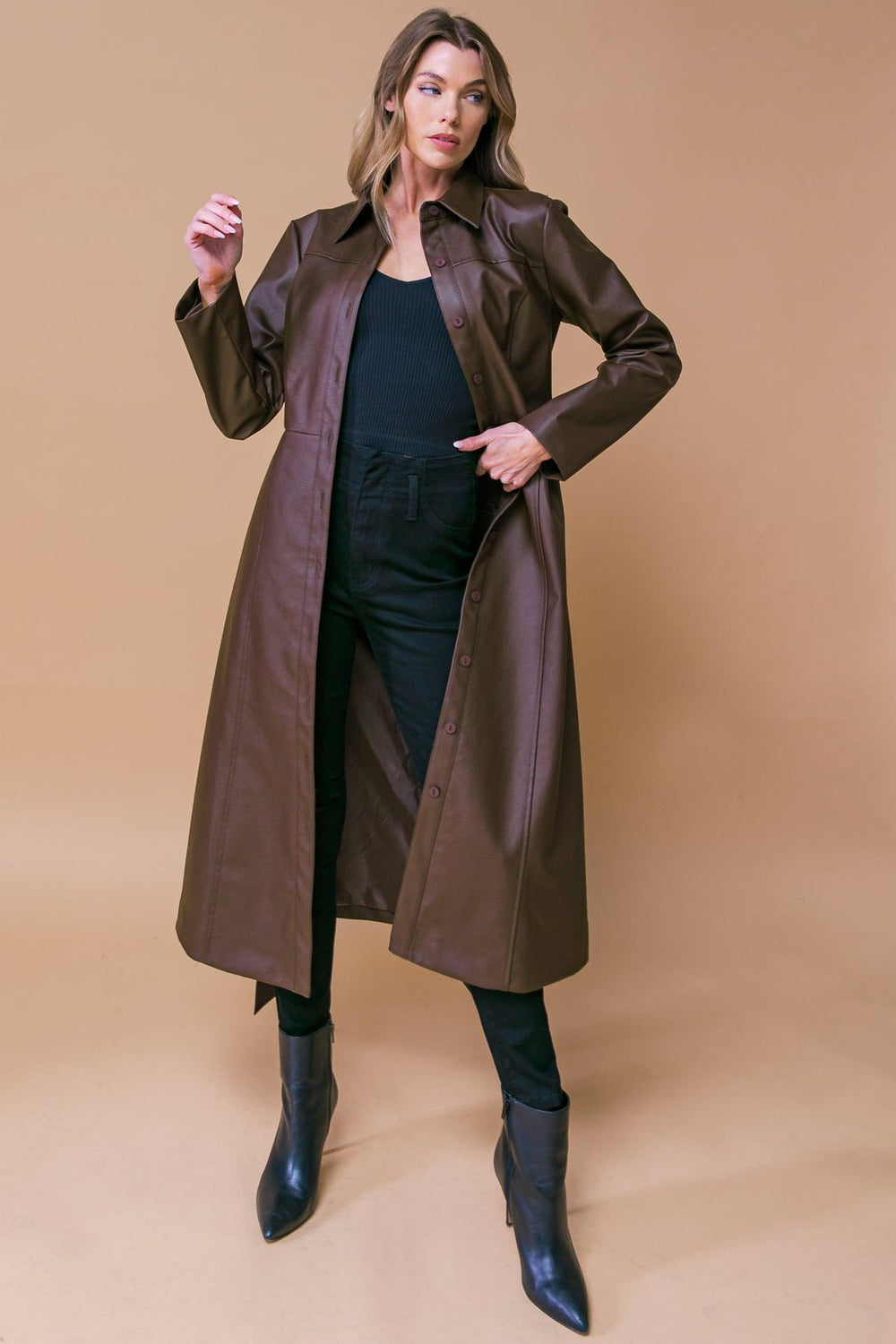 WHAT A WONDERFUL DAY LEATHER MIDI COAT.