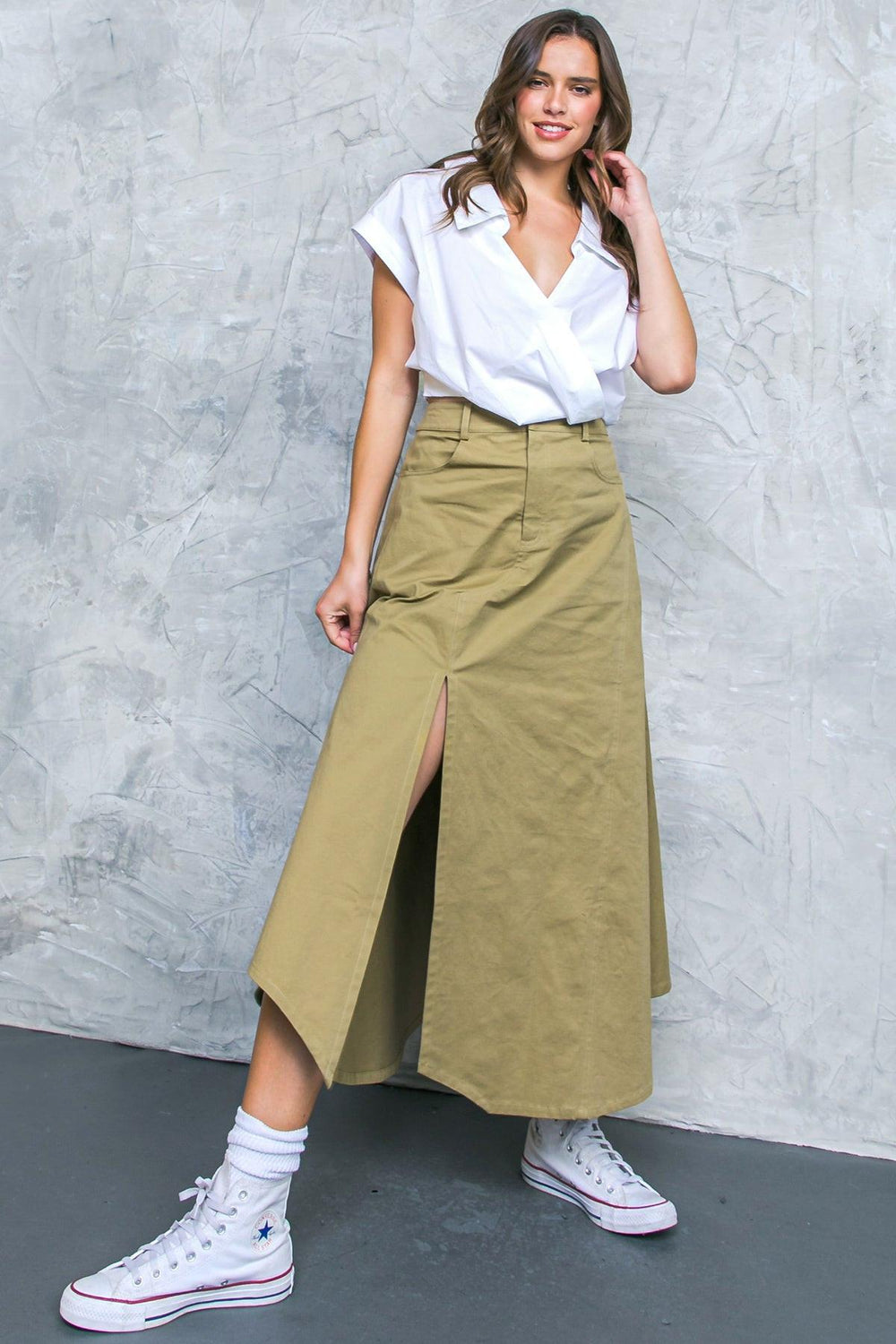 COMPLETE CRUSH TWILL MIDI SKIRT.