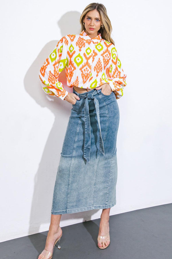 THE GRASS IS GREENER DENIM MIDI SKIRT.