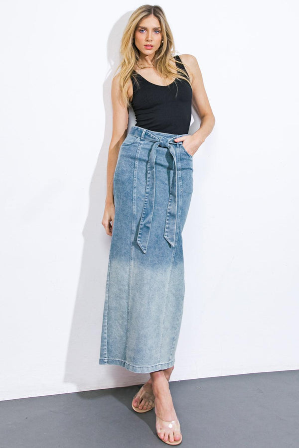 THE GRASS IS GREENER DENIM MIDI SKIRT.