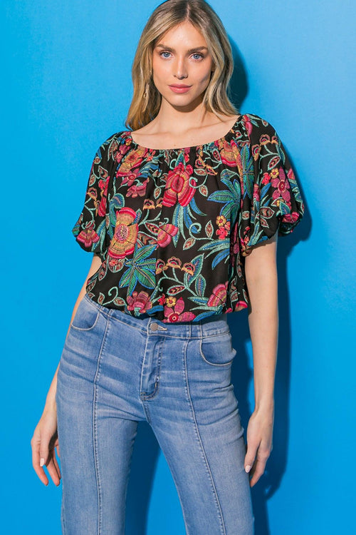 SENSET DINNER FLORAL WOVEN TOP.