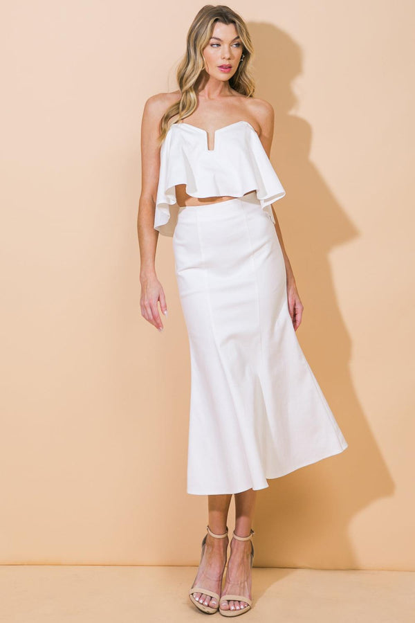 SUNSET STROLL WOVEN TWILL TOP AND SKIRT SET.