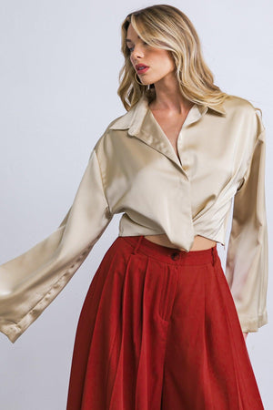 POWERFUL CHARM WOVEN SATIN TOP.