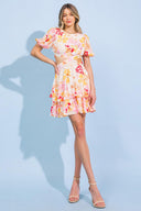 MAGICAL FLORALS WOVEN MINI DRESS.