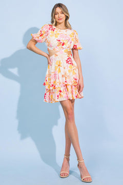 MAGICAL FLORALS WOVEN MINI DRESS.