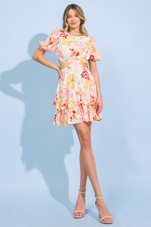 MAGICAL FLORALS WOVEN MINI DRESS.
