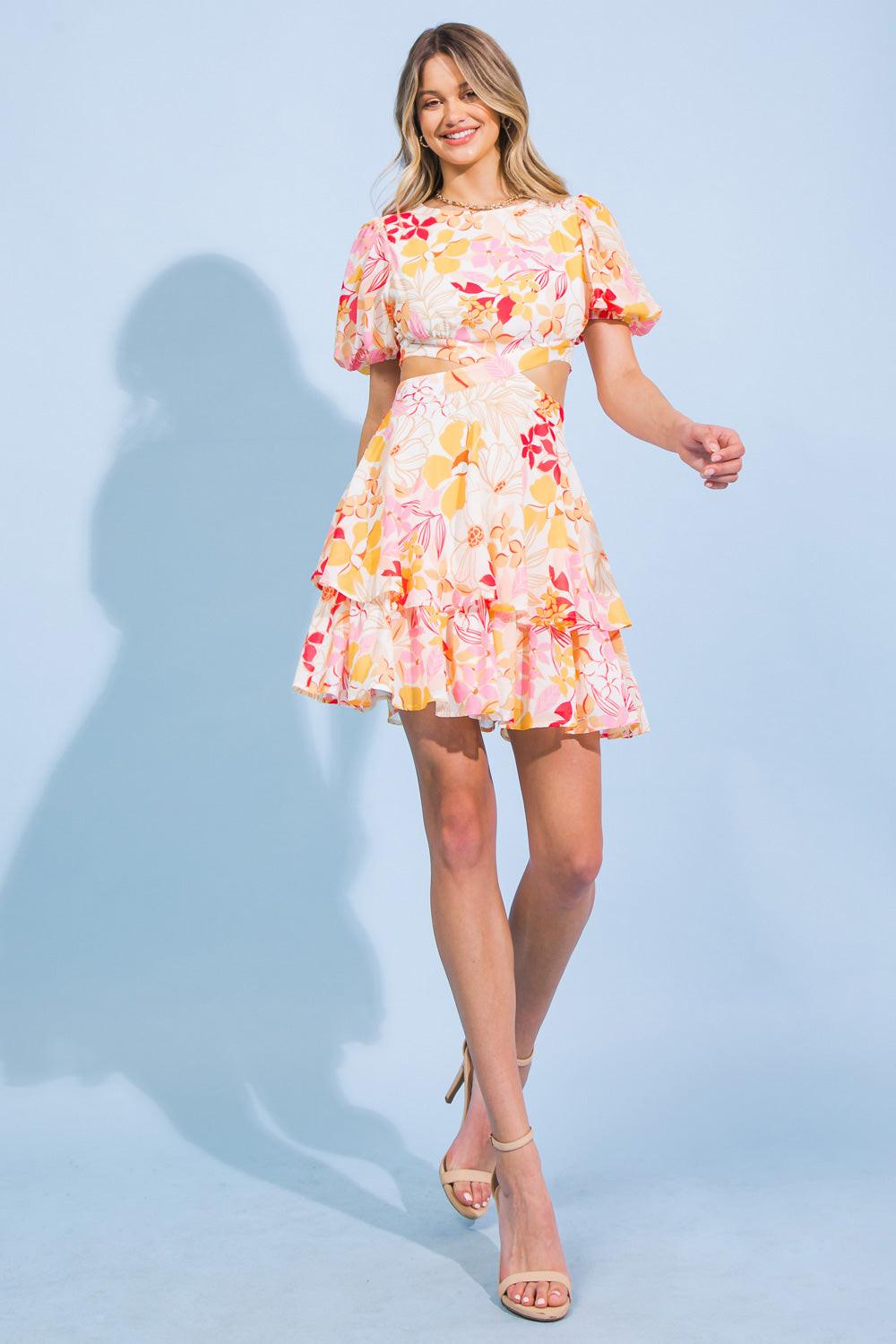 MAGICAL FLORALS WOVEN MINI DRESS.