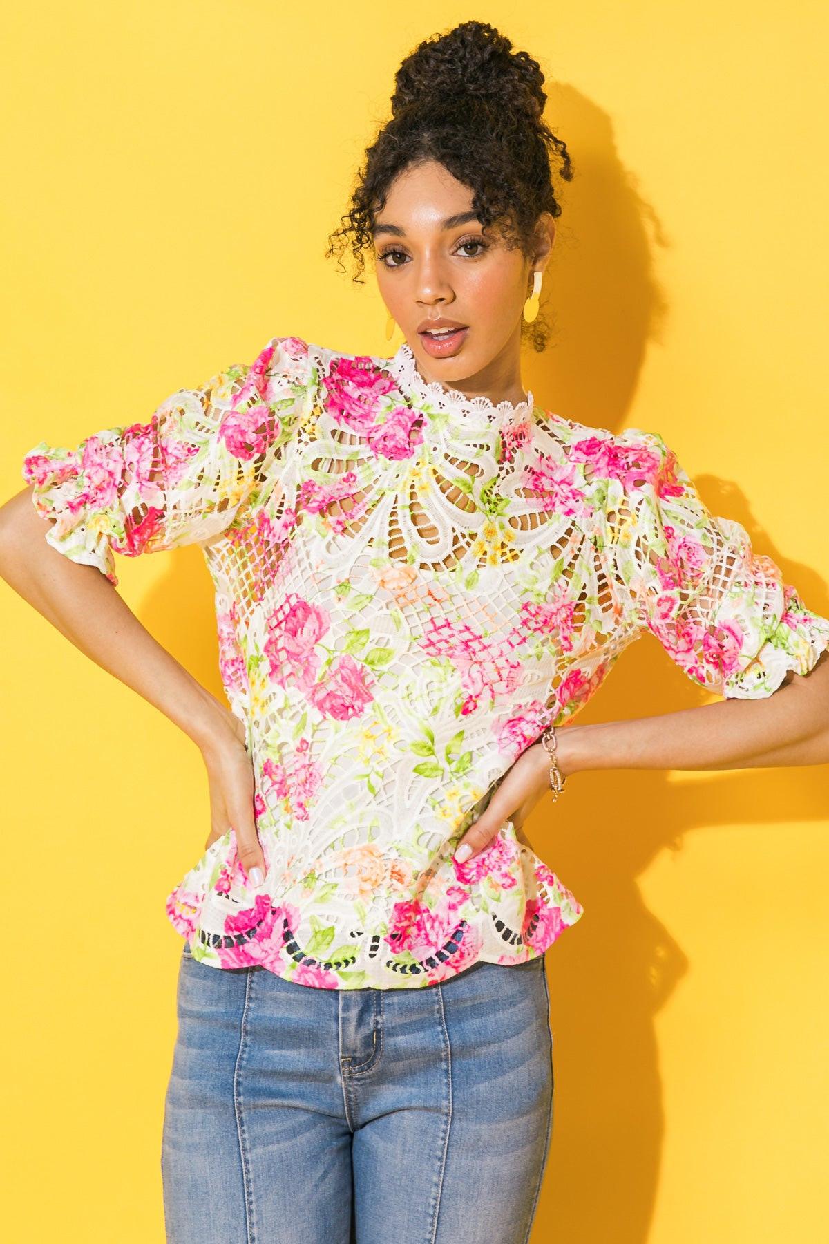 BLISS ME FLORAL WOVEN LACE TOP.