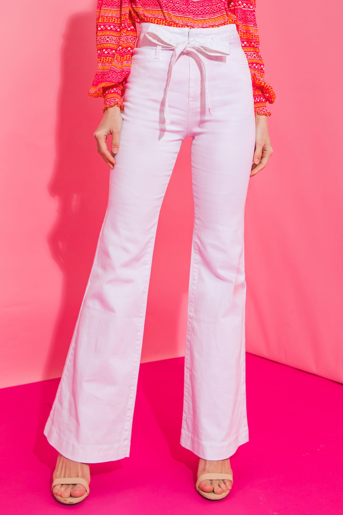 Pink Low Rise Lace Up Coated Denim Flare Jeans, 50% OFF, 55% OFF