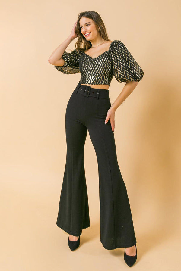 COUNTDOWN THE HOURS WOVEN FLARED PANTS.