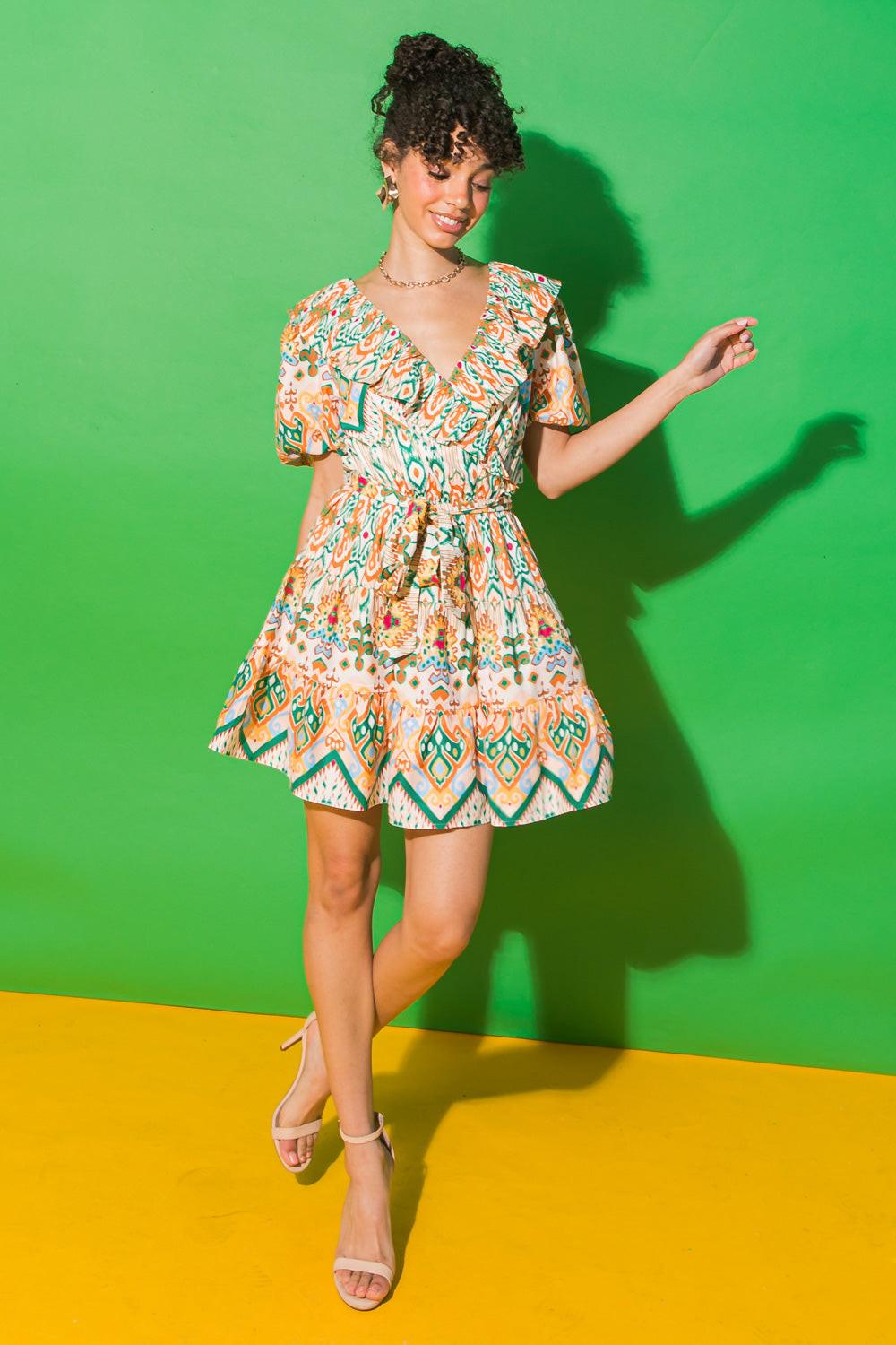 MOMENTS OF BLISS FLORAL WOVEN MINI DRESS.