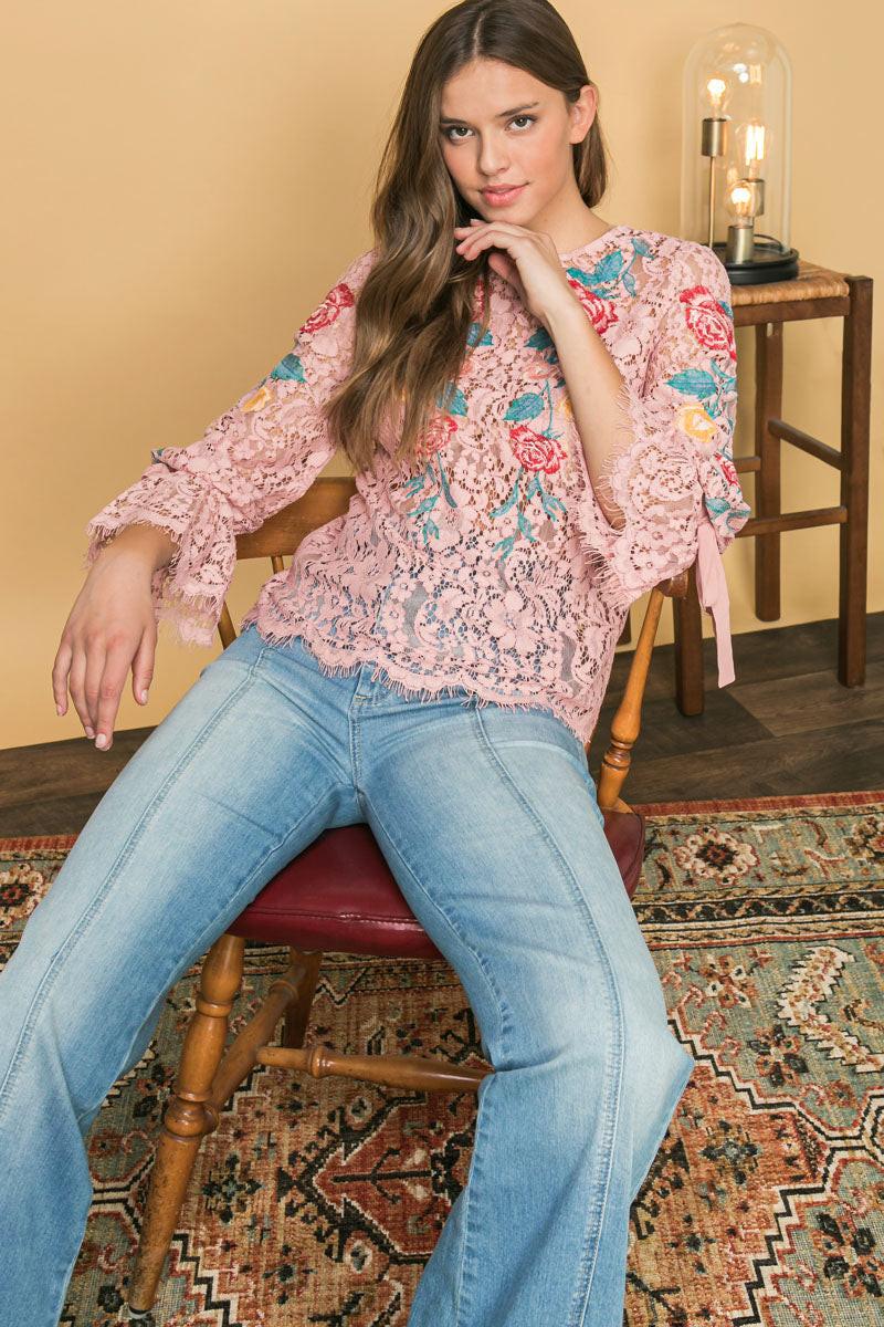 EMBROIDERED LACE TOP - Flying Tomato - TOPS - Champagne & Strawberry